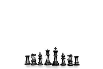 Competition or victory or strategy concept. Chess figures on white background top view pattern copy space