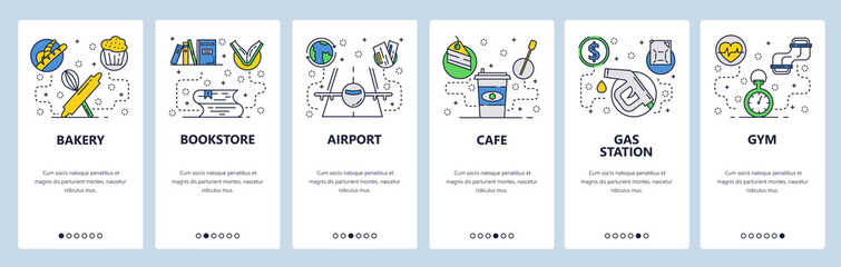 Web site onboarding screens. Bakery, bookstore, airport, cafe, gas station and gym icons. Menu vector banner template for website and mobile app development. Modern design linear art flat illustration