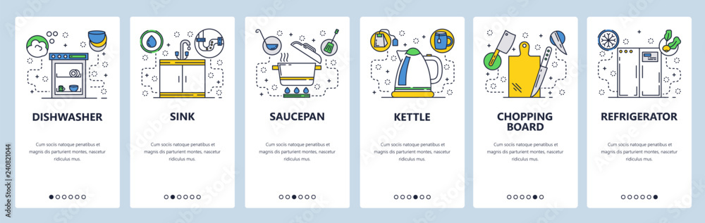 Aufkleber web site onboarding screens. house kitchen appliances and accessories. menu vector banner template f