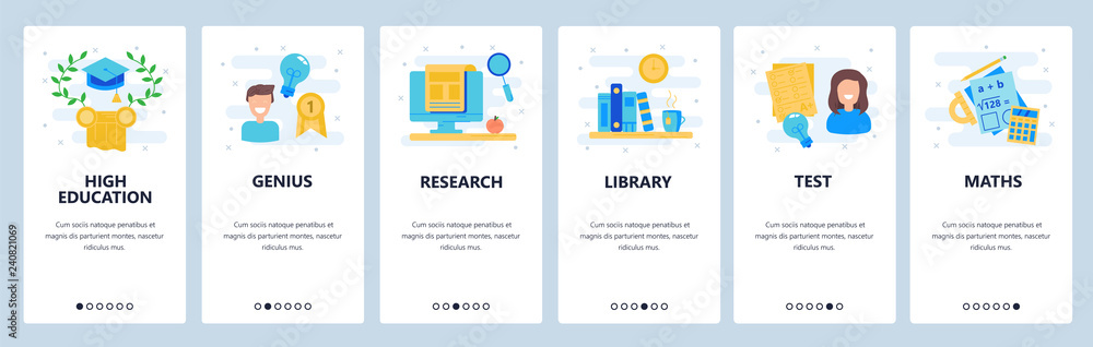 Aufkleber web site onboarding screens. education, high school and college icons. menu vector banner template f
