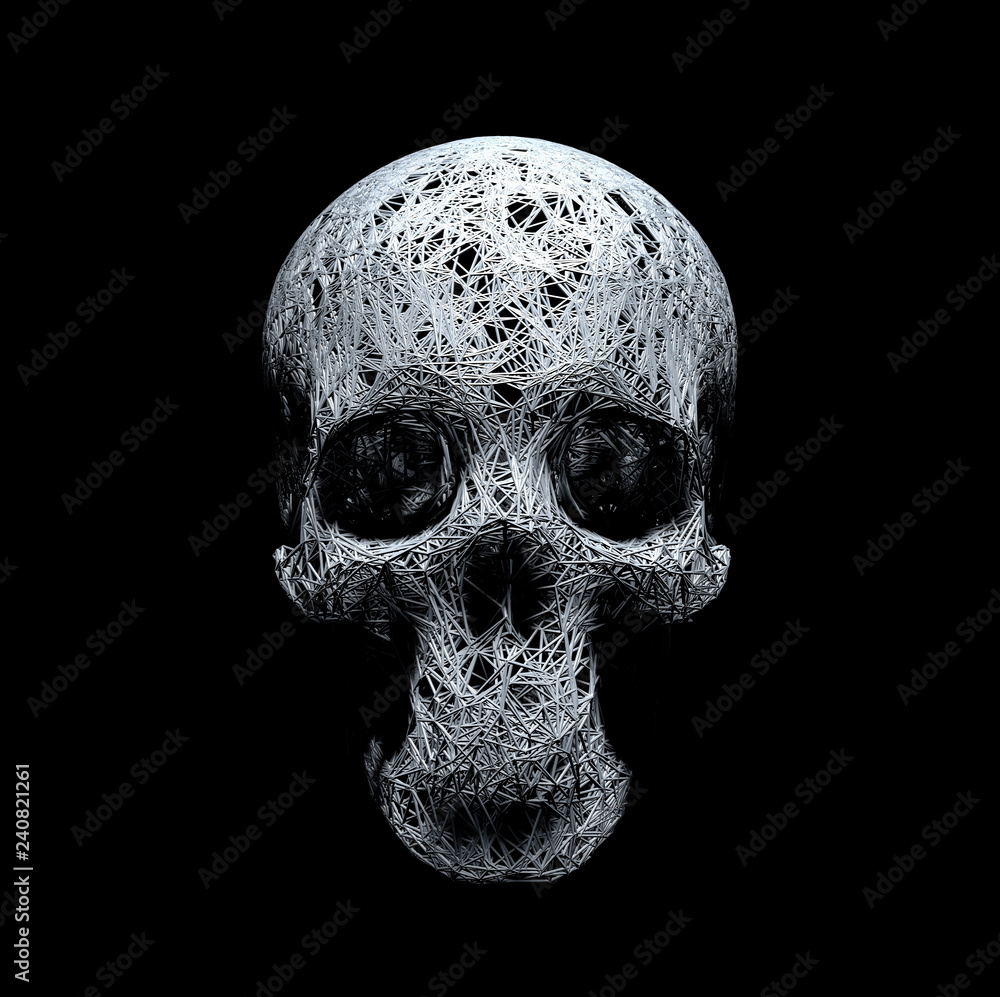 Poster conceptual wire frame in form of human skull model, three-dimensional realistic plexus. 3d illustrat