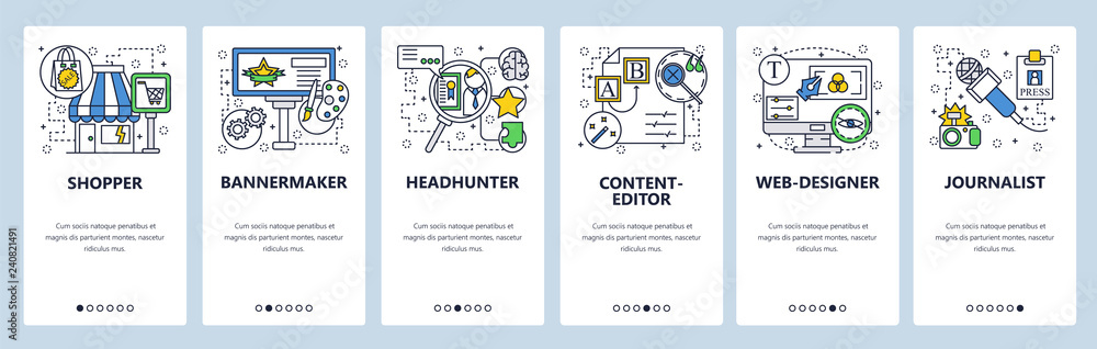 Poster web site onboarding screens. shopping, headhunter, editor, web designer, journalism. menu vector ban