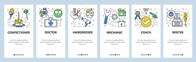 Web site onboarding screens. Different professions icons, doctor, coach, mechanic, writer. Menu vector banner template for website and mobile app development. Modern design linear art flat