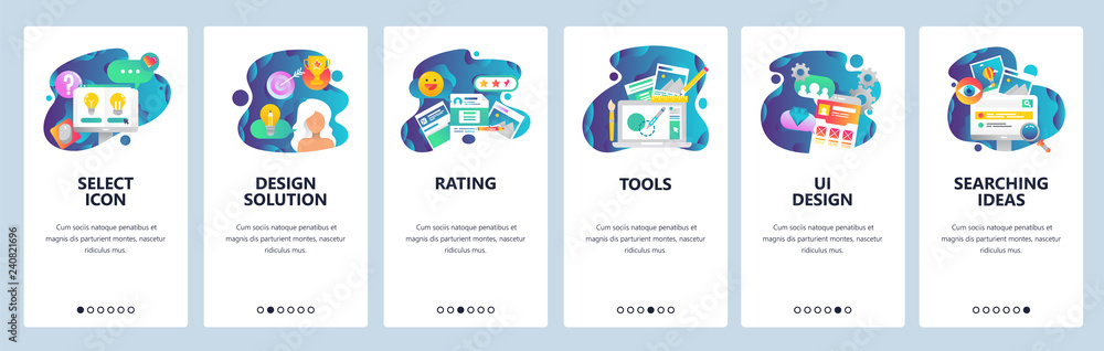 Poster web site onboarding screens. ui and ux design solutions, rating review, search, drawing tools. menu 