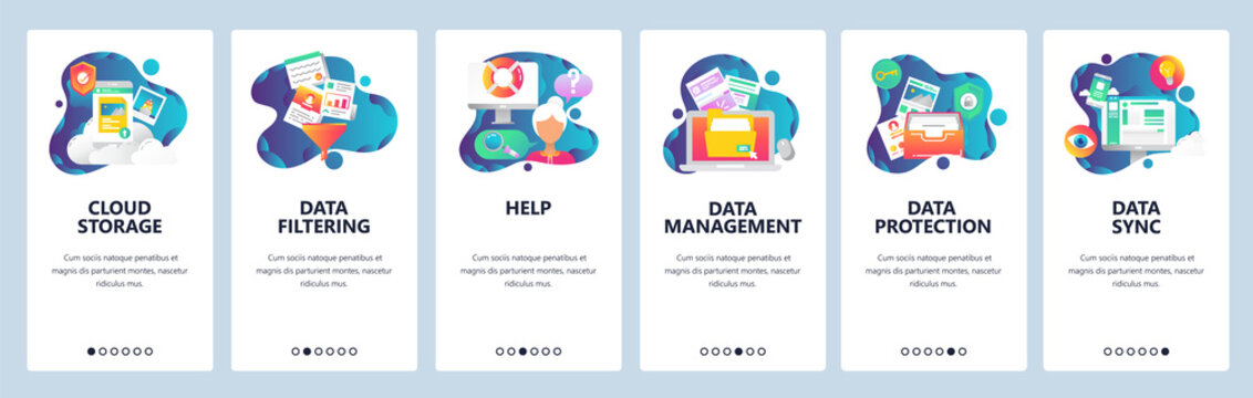 Web site onboarding screens. Computer and internet services, cloud storage and data sync. Menu vector banner template for website and mobile app development. Modern design linear art flat illustration