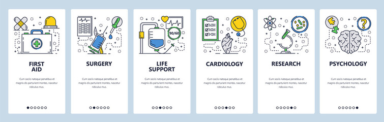 Web site onboarding screens. First aid, medical clinic, hospital, surgery. Menu vector banner template for website and mobile app development. Modern design linear art flat illustration.