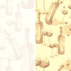 Red wine, a bottle, a wine glass. A composition of objects painted in watercolor. Postcard, card, logo, menu, card. With a place for the inscription and your design.  Paint splashes.