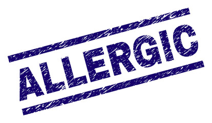 ALLERGIC seal print with grunge style. Blue vector rubber print of ALLERGIC caption with grunge texture. Text title is placed between parallel lines.