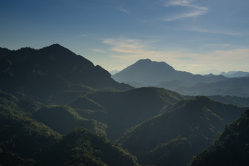 Obraz premium Sunset in Laotian mountains. View from Nong Khiaw view point.