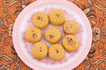 Indian Most Popular Sweet Food Variety of Peda Also Called Pedha, Peday or Pera Made By Milk, Khoya, Saffron or Other Flavours. It's a Popular Festival Food From India