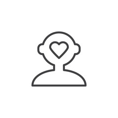 Think about love outline icon. linear style sign for mobile concept and web design. Human head with heart simple line vector icon. Symbol, logo illustration. Pixel perfect vector graphics