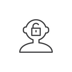 Open mind outline icon. linear style sign for mobile concept and web design. Human head with open lock simple line vector icon. Symbol, logo illustration. Pixel perfect vector graphics