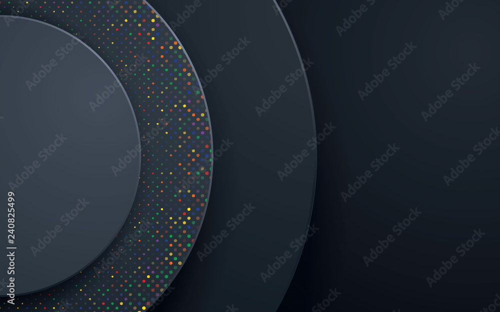Poster black circle abstract background with colorful glitters. circle geometric paper shapes.