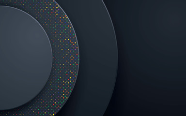 Black circle abstract background with colorful glitters. Circle geometric paper shapes.