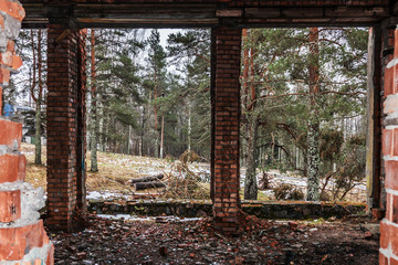destroyed brick wall and the view through the window on the road and the forest. focus on trees