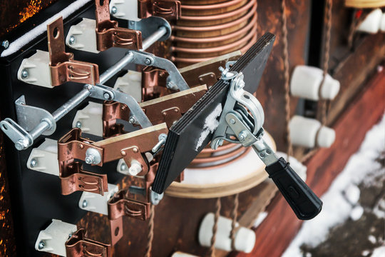 copper parts and elements of electrical transformer starter. electrical transformer station