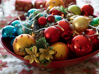 Colourful christmas decorations with depth of field