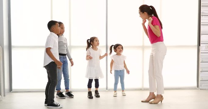In acting class, teacher let student have a role play, they jumping by smile face, concept for acting class.