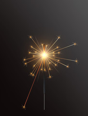 Realistic Holiday Bengal Light, with bright sparkle burning. Vector christmas diwali firework candle, celebration sparkler lights.