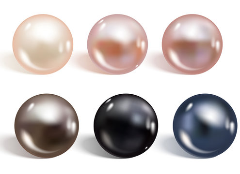 Realistic different colors pearls set. Round colored nacre formed within the shell of a pearl oyster, precious gem. Vector illustration