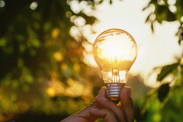 concept power energy of solar in nature. hand holding light bulb with sunset