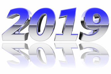 Chrome 2019 digits with color gradient reflections on glossy white
