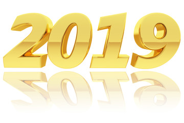 Gold 2019 digits with gradient reflections on glossy white