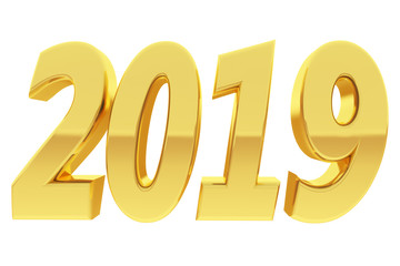 Gold 2019 digits with gradient reflections isolated on white