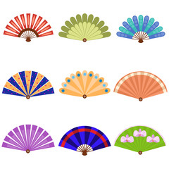 Hand fan icon set. Cartoon set of hand fan icons for web design isolated on white background. Asian hand fan isolated on white background.