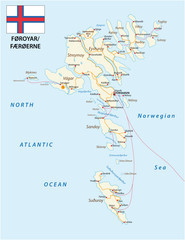 Road map of the Faroe Islands North Atlantic Archipelago with flag, Denmark