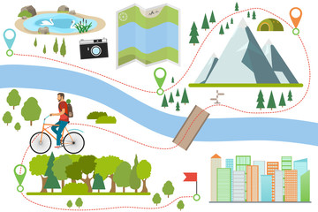 Bike route map. Riding a bike on a various outdoor locations, adventure and vacation travel on a bicycle, lifestyle activity with ecological transport. Outdoor cycling map.