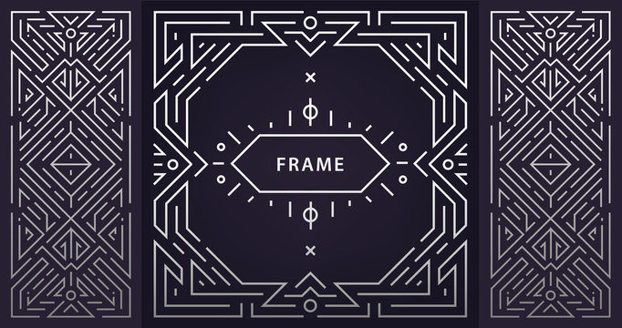 Vector set of abstract art deco frames. Linear modern style, monogram geometric banners, luxury packaging design, poster, inviation, cover