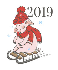 Pig calendar for 2019. Vector editable template with concept. Symbol of the year in the Chinese calendar. Realistic vector illustration.