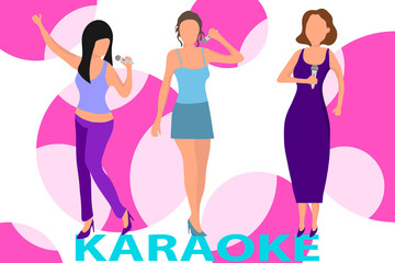 Fototapeta na wymiar Female musical trio. Women sing karaoke. Three women hold a microphone and sing karaoke. Vector illustration, vector