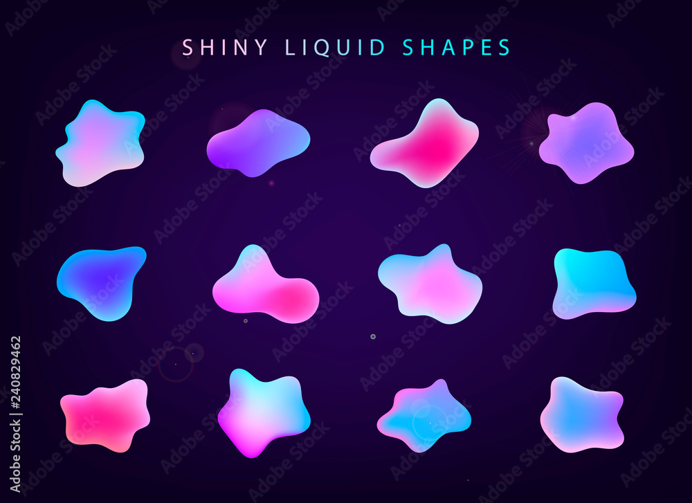 Poster vector set of abstract gradient iridescent shapes, banners. shiny isolated liquid elements of hologr