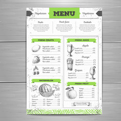 Vintage grunge vegetarian food menu design.  Fresh fruit sketch
