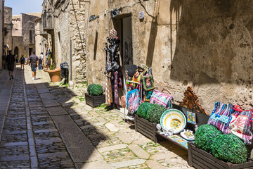 Tourist shop selling pottery, ceramics, textiles and other typical Sicilian handicraft, Erice, Sicily, Italy