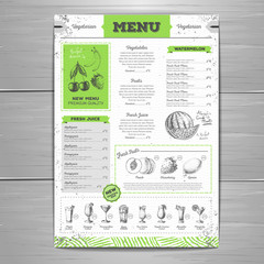 Vintage grunge vegetarian food menu design.  Fresh fruit sketch