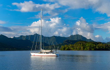 Lonely catamaran in the turquoise lagoon on the Bora Bora island in the Leeward group of the...