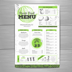 Vintage grunge vegetarian food menu design.  Fresh fruit sketch