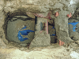 Building of lines of metallic and fiber optic cables connection.