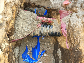 Building of lines of metallic and fiber optic cables connection.