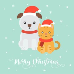 cute puppy and kitten for christmas poster,flat style