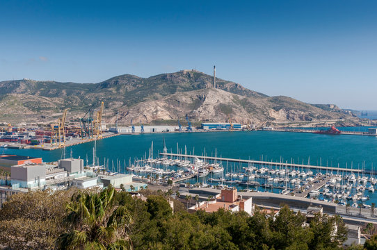 Views of the commercial harbor and touristic dock of Cartagena, in the province of Murcia, Spain.
