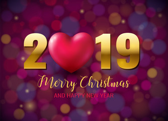 2019 Merry Christmas, Happy New Year poster with Pink Heart on Bokeh sparkling backdrop. For Christmas, Xmas winter holiday