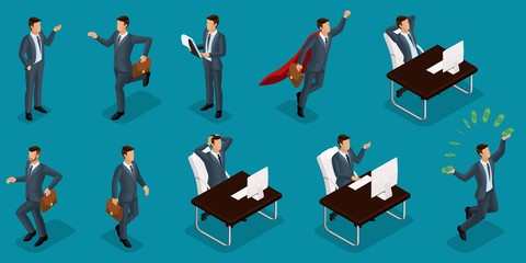 Isometric people, 3d entrepreneurs, different concept scenes, emotions and gestures businessman, superman, management and production isolated bright blue background