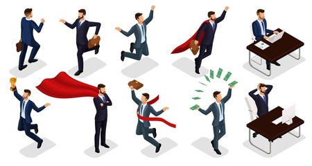Fototapeta na wymiar Isometric people, 3d Young entrepreneurs, different scenes concepts working in the office, superman, money, cup, joy of victory isolated on a light background