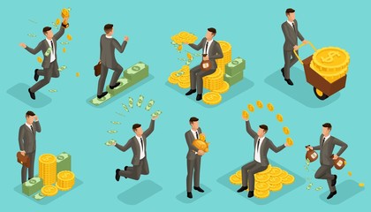 Trendy isometric people vector, 3d businessmen money attachments, business scene with young businessman, investment, lots of cash, businessman bathes in