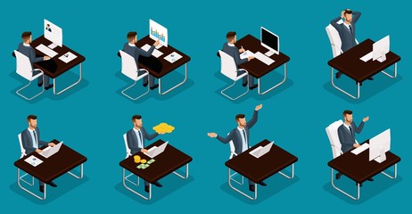 Isometric people, 3d Young entrepreneurs, different scenes of concepts working in the office, emotions and gestures of a businessman at work, money management is