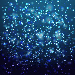 Abstract colorful bokeh and glowing spakling shining particles in random. Lighting effects of flash. Blurred vector background with light glare.